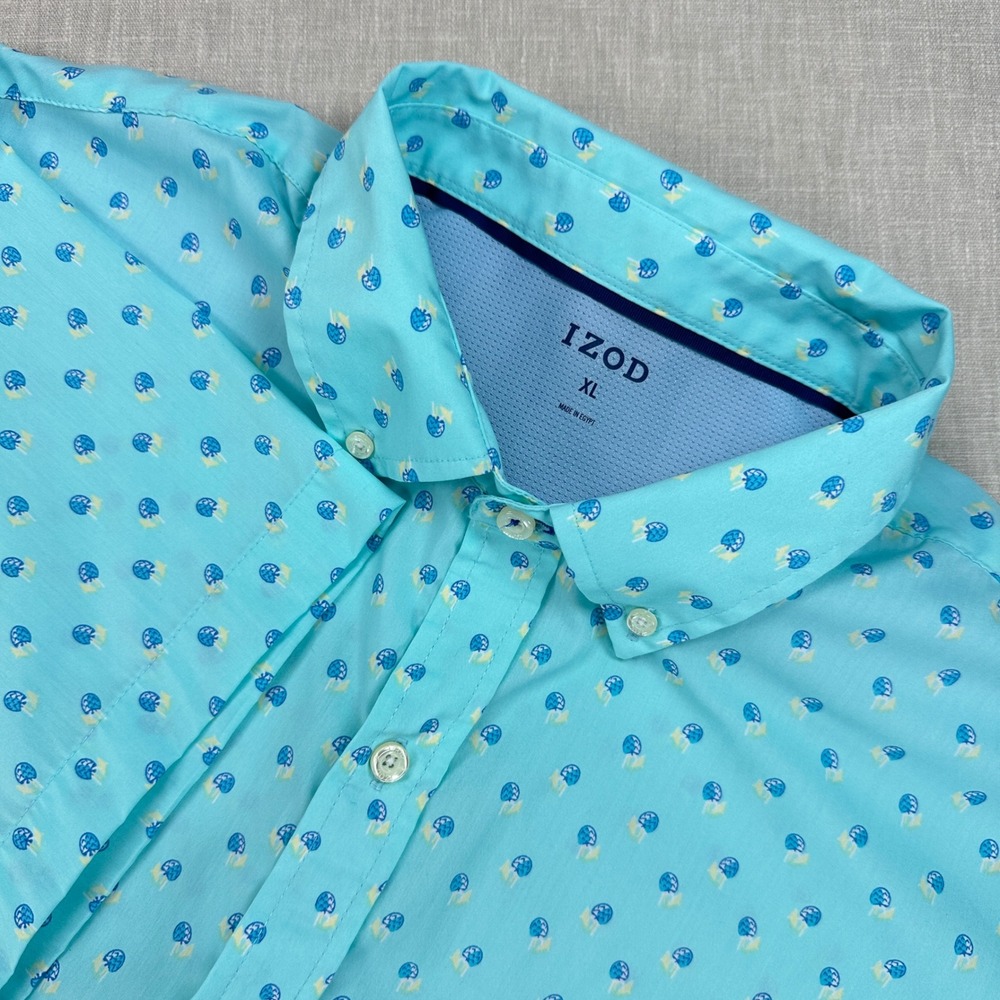IZOD Button Down Shirt Mens XL Turquoise Blue Tropical Drink All Over Print